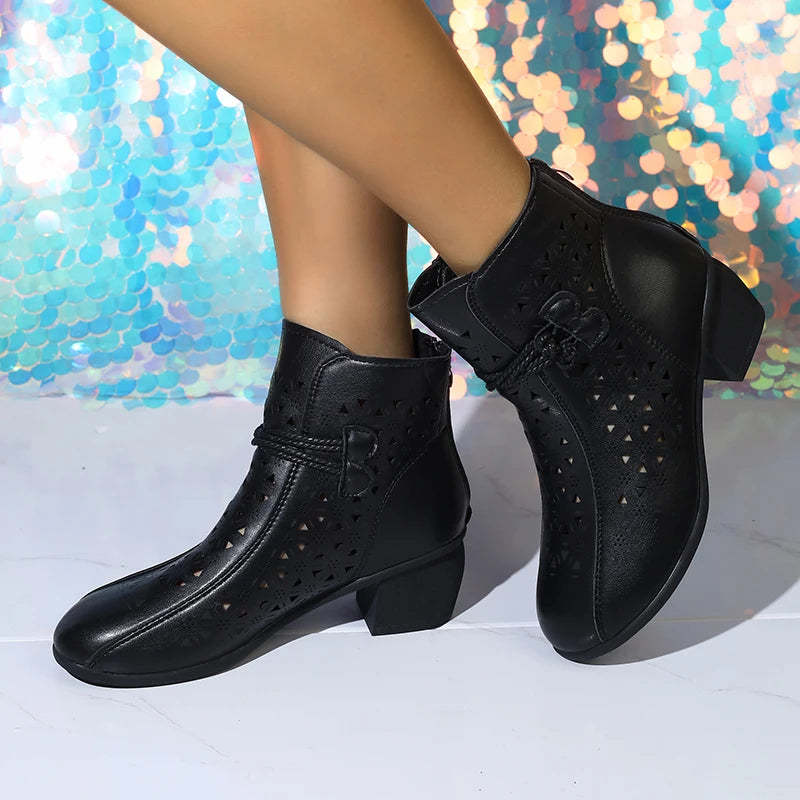 NOVEDAD DE VERANO 2025, botines de tacón medio con suela suave y agujeros a la moda para mujer, zapatos cómodos transpirables Retro