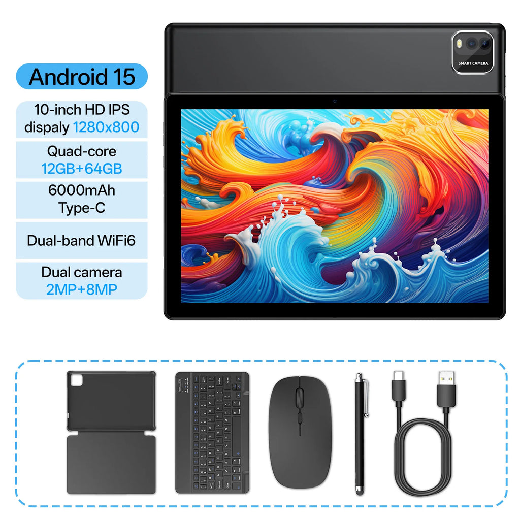 Tablet BAKEN 10 pulgadas Android 15, cuatro núcleos, 12 GB + 64 GB, WiFi 6