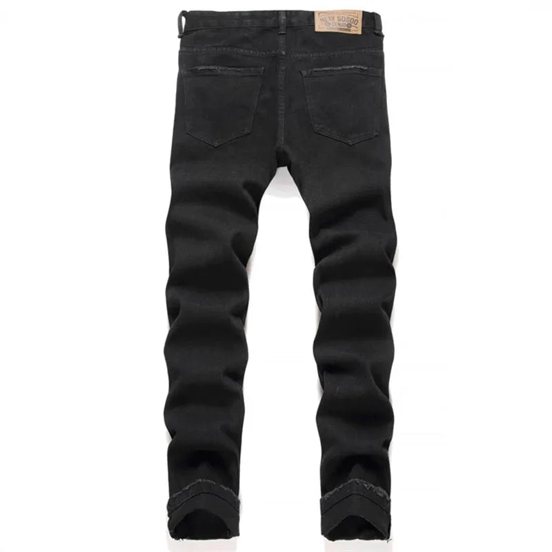 Pantalones Vaqueros Negros Rasgados Retro para Hombre, Pierna Recta