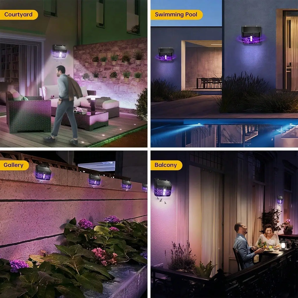 Luz solar, exterminador de insectos, matamosquitos para exteriores con sensor de movimiento, trampa para moscas impermeable con energía solar para jardín, patio, pared
