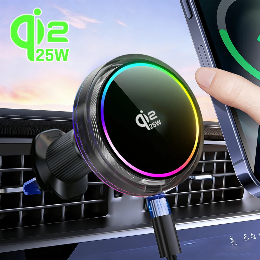 Soporte Magnético para Teléfono con Cargador Inalámbrico Qi2 de 25W, Refrigeración por Aire y Luz RGB, para iPhone Magsafe 17~12 Pro Max, Base de Carga Rápida
