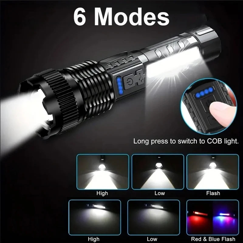 Linternas Led de alta potencia, linterna táctica muy fuerte, 6 modos, recargable, para acampar, pescar, linterna con Zoom de emergencia
