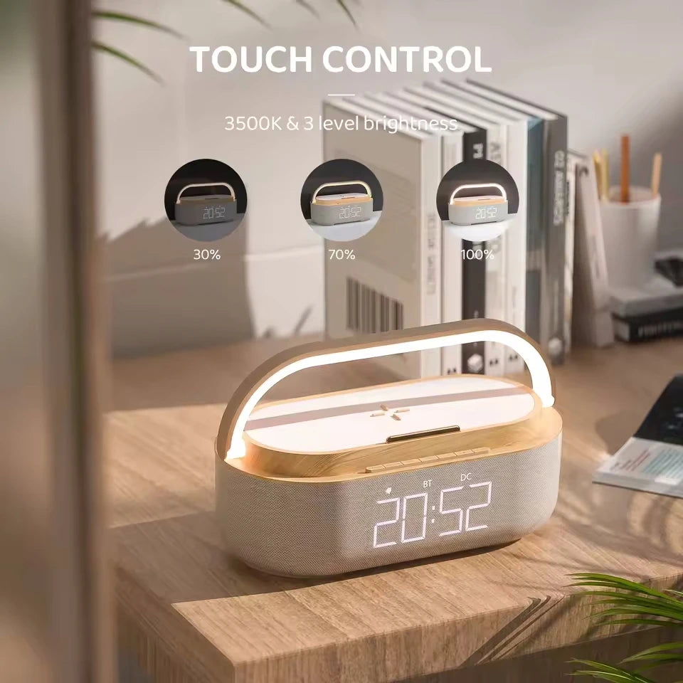 Altavoz Bluetooth portátil con carga inalámbrica, Radio FM, despertador, caja De sonido, música, cargador, lámpara, luz nocturna, Bocina