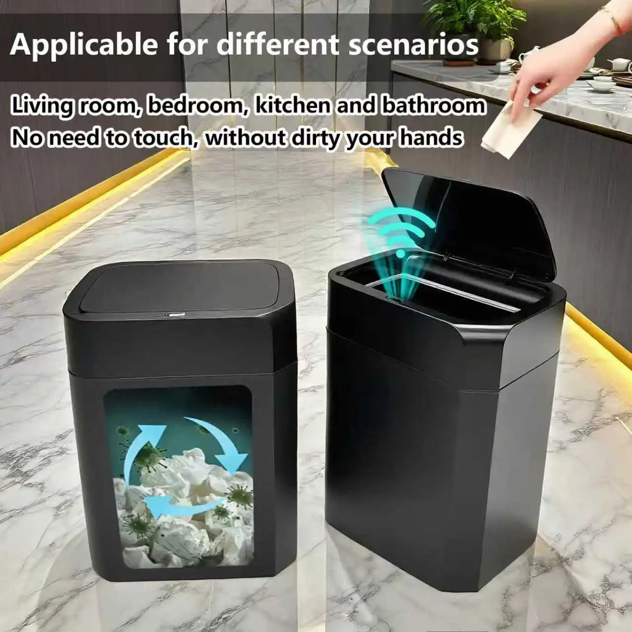 ONEKA Cubo de basura negro de inducción con sensor de movimiento automático delgado para baño, dormitorio, cocina, oficina