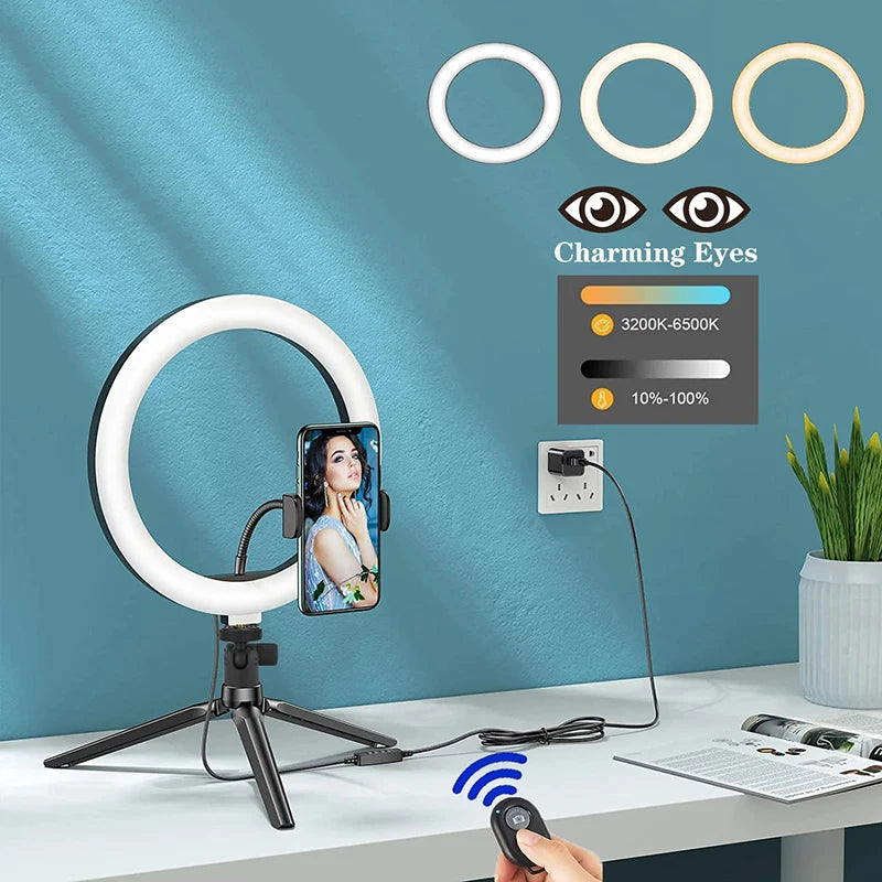 Anillo de luz LED para Selfie, lámpara de relleno con Control remoto, iluminación de fotografía con trípode de 50cm para Tiktok, Youtube, lámparas de vídeo en vivo, 26/33cm