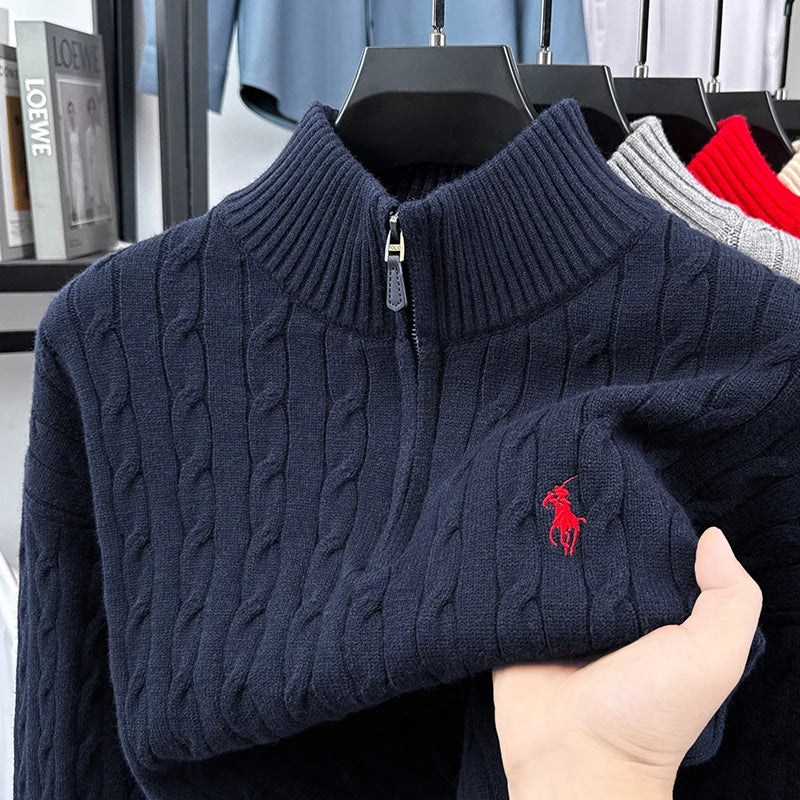 Suéter Vintage para Hombre con Cuello Alto, Bordado y Cremallera