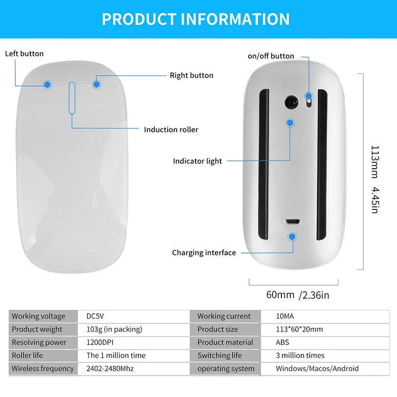 Ratón inalámbrico Bluetooth mejorado para ordenador, recargable, táctil, delgado, ergonómico, de modo dual, silencioso, para Apple Macbook Air