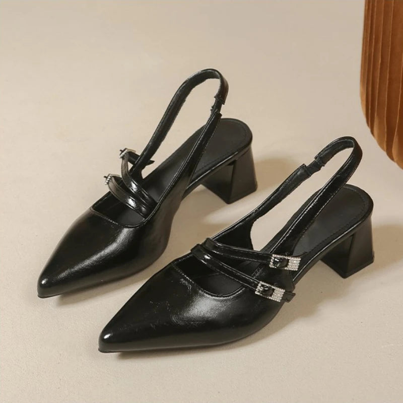 Zapatos de Tacón Ancho con Punta en Pico y Tira Trasera para Mujer, Estilo Francés Chic, Minimalistas, para Oficina, Vestir, Sandalias Casuales con Hebilla para Fiesta