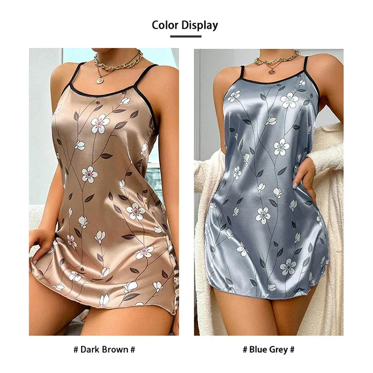 Ropa de dormir para mujer, camisón de satén con estampado Floral de verano, vestido de noche informal sin mangas con espalda descubierta, camisón Sexy, ropa para el hogar