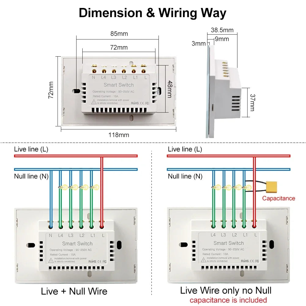 Interruptor táctil inteligente WiFi Tuya/Smart Life para lámparas, 220V-240V, 1-3 vías