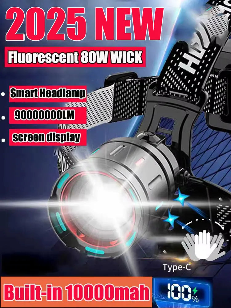 Linterna Frontal LED 800W Recargable, Sensor IR, Alcance 5000m