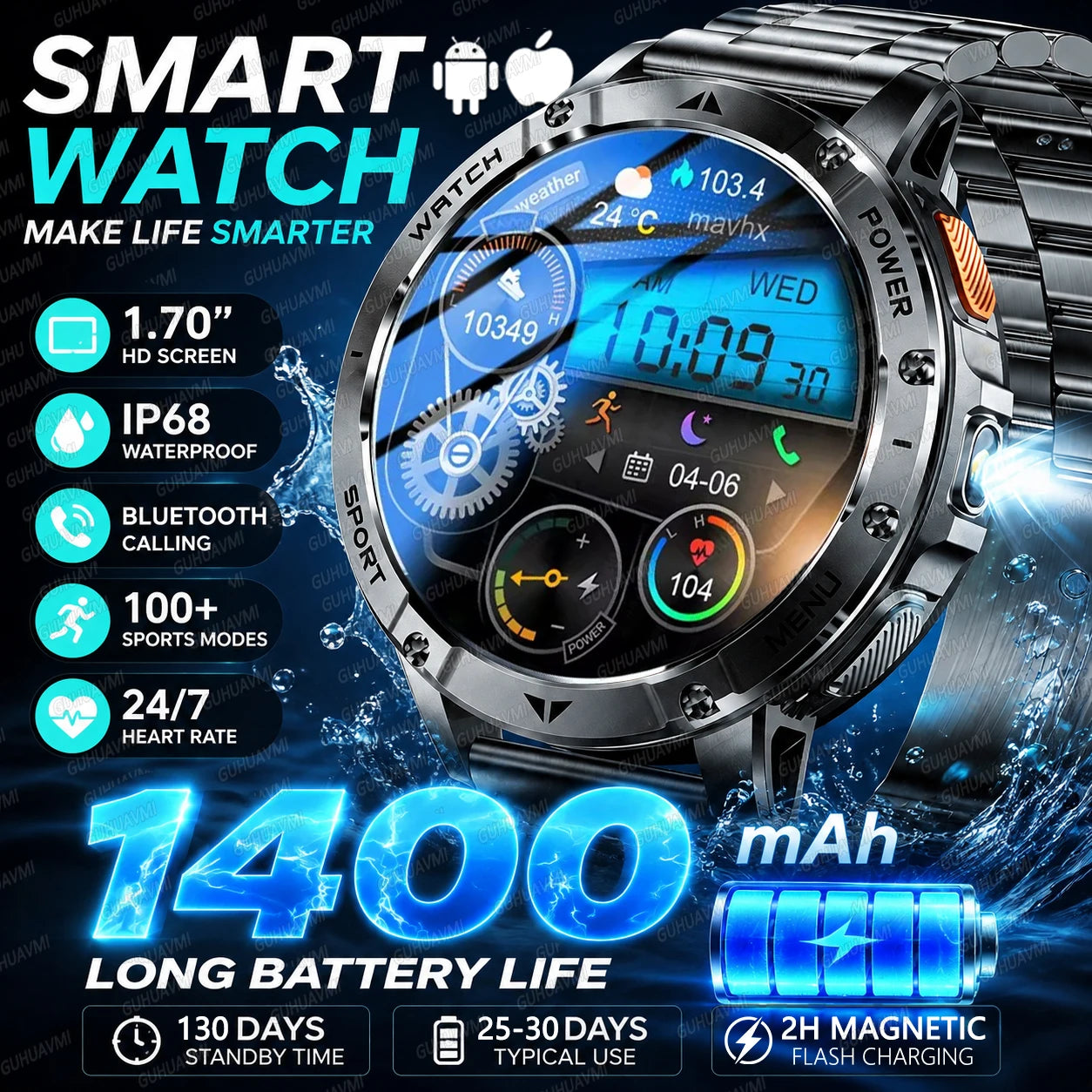 Reloj Inteligente 1400mAh AMOLED Linterna