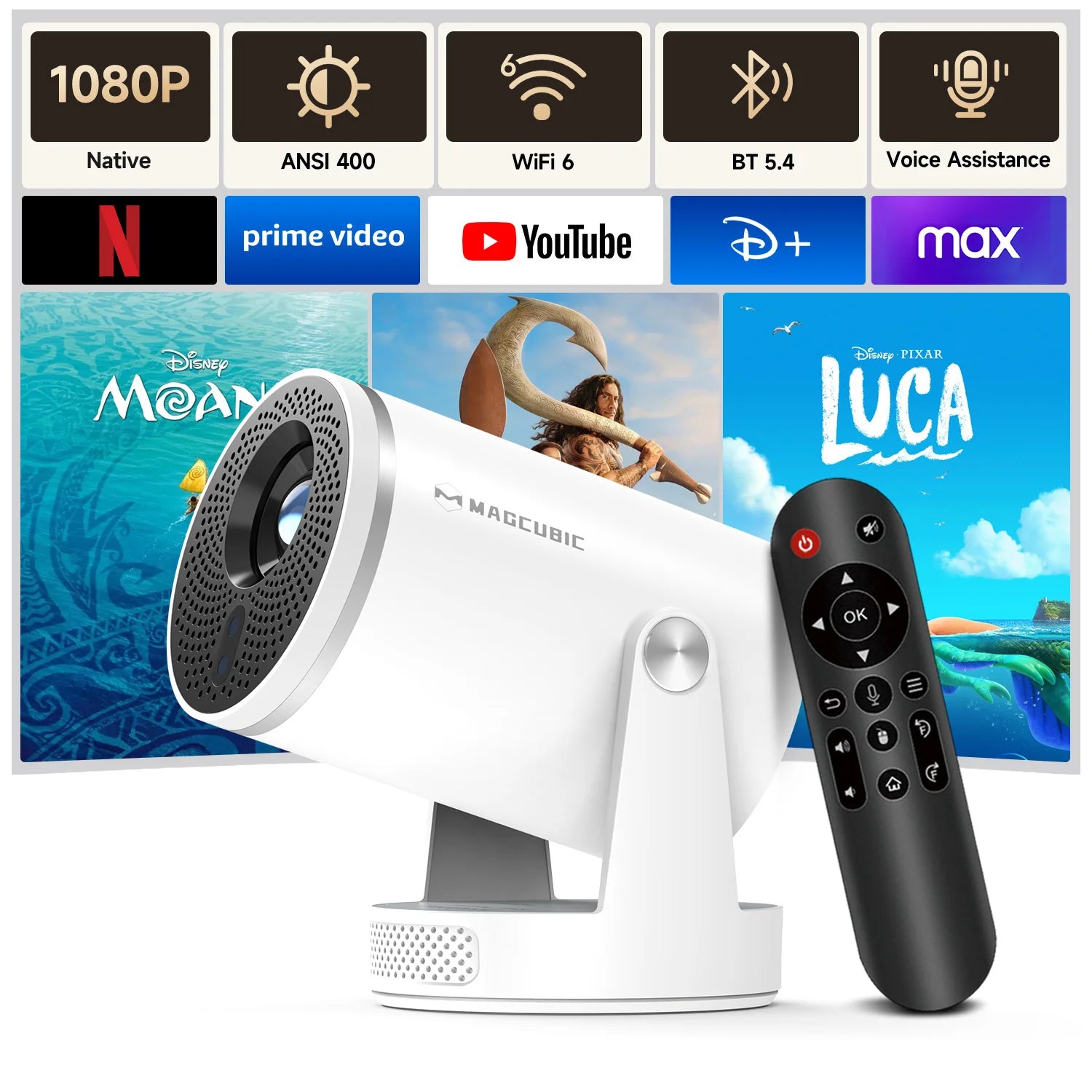 Proyector Magcubic HY320Pro Nativo 1080P con Enfoque Automático, Full HD, Android 14, Cine en Casa Portátil, Control por Voz, Actualización del HY300 Pro