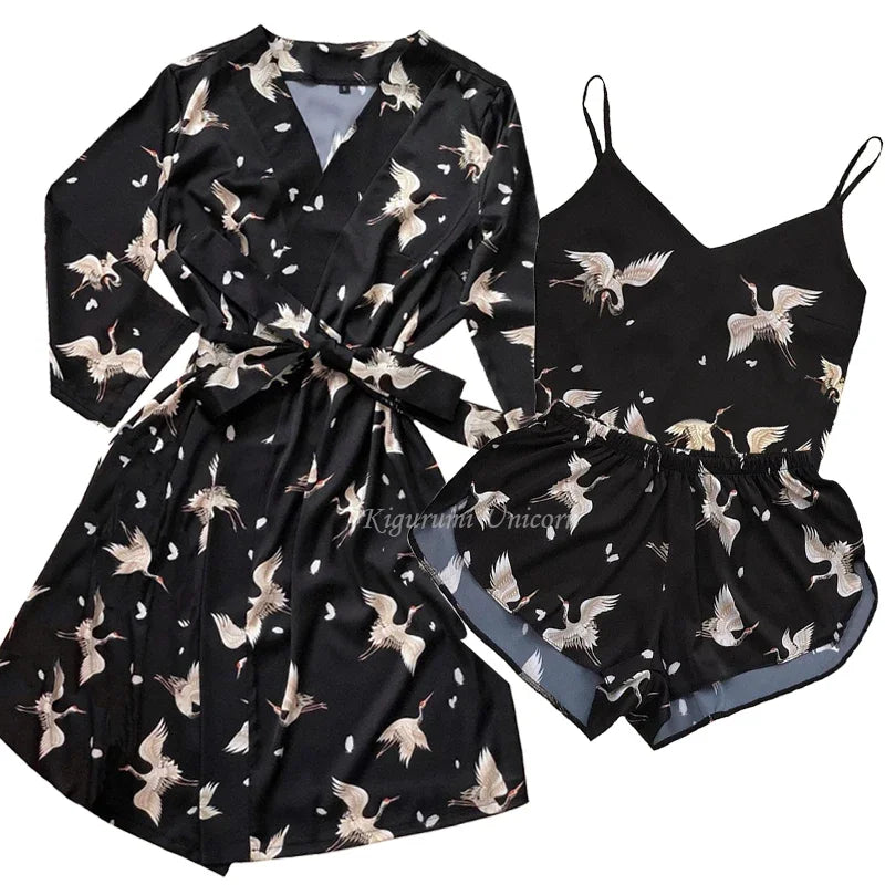 Conjunto de pijamas de seda sintética satinada para mujer, Top con tirantes y pantalones, ropa de dormir con estampado Floral, ropa de dormir de otoño para el hogar, bata de S-XXL
