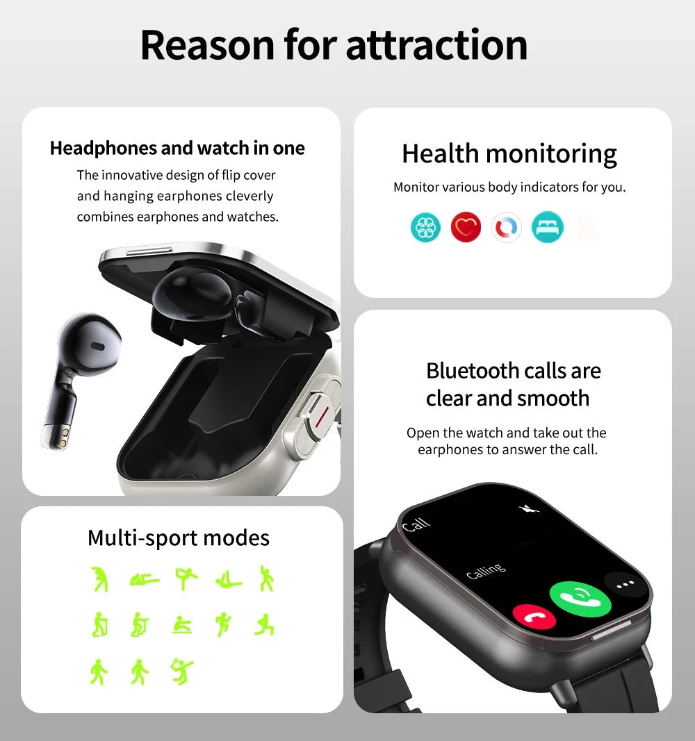 TWS auriculares Smartwatch 2,01 "auriculares 2 en 1 reloj inteligente BT llamada diente azul auriculares relojes ritmo cardíaco deporte Fitness pulsera