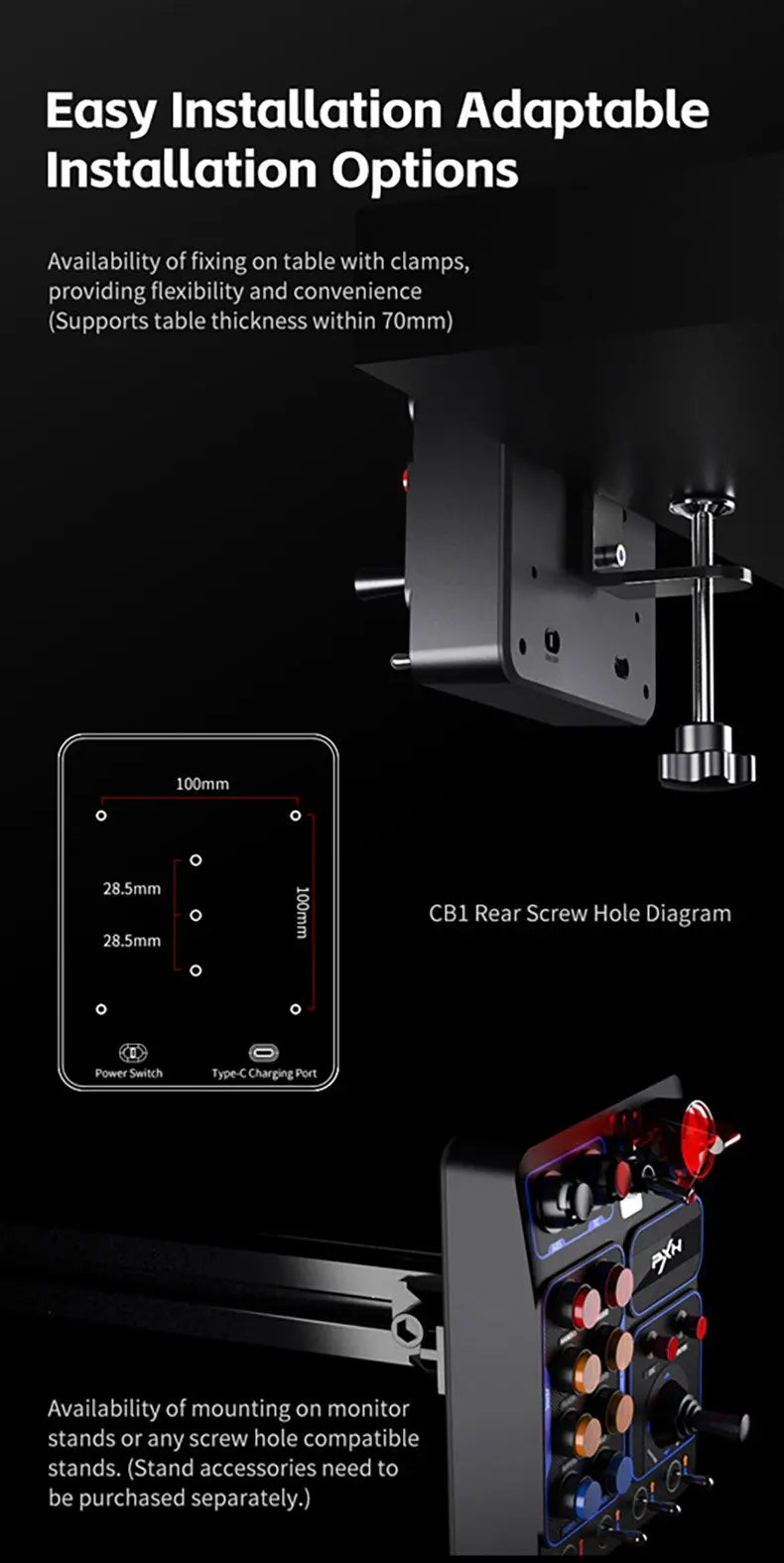 La caja de control central PXN-CB1 admite computadoras PC, con luces RGB personalizadas y 30 botones programables