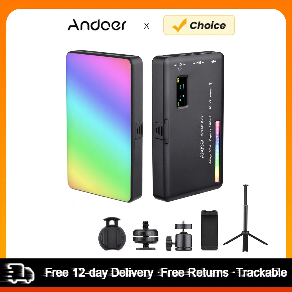 Andoer-Kit de luz LED W140 RGB para vídeo, iluminación de videoconferencia de bolsillo con trípode de escritorio para Vlog, transmisión en vivo, reunión en línea