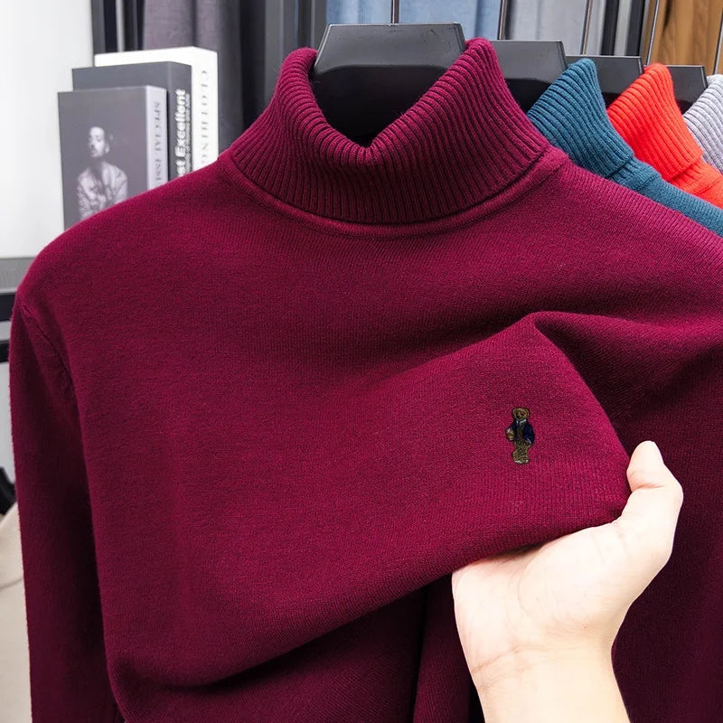 Suéter de Punto de Manga Larga para Hombre, Diseño de Alta Gama, Estampado de Oso, Cuello Alto, Estilo Informal, Versátil, Cálido y Moderno