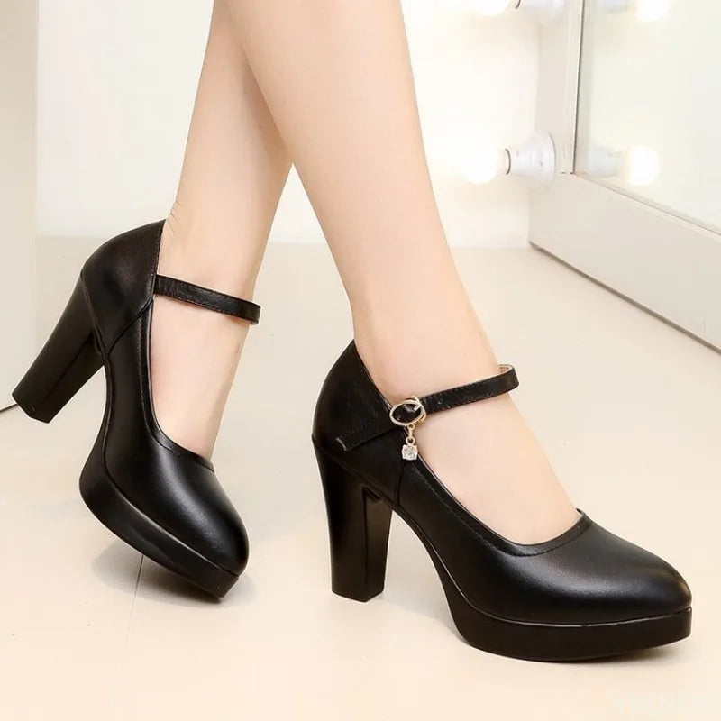 Zapatos de Tacón Grueso con Diamantes para Mujer | Punta Redonda