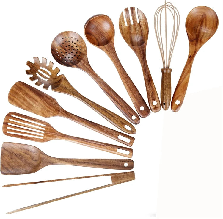 LMETJMA Paquete de 10 utensilios de cocina de madera de teca Natural, juego de utensilios de cocina con espátula y cucharas de madera para cocinar y hornear JT503