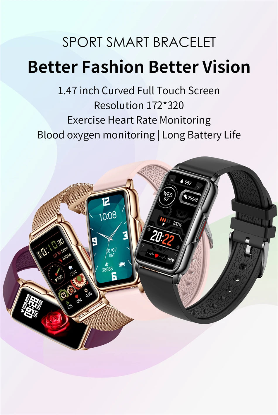 Smartwatch deportivo con frecuencia cardíaca 1,47" para mujer y hombre