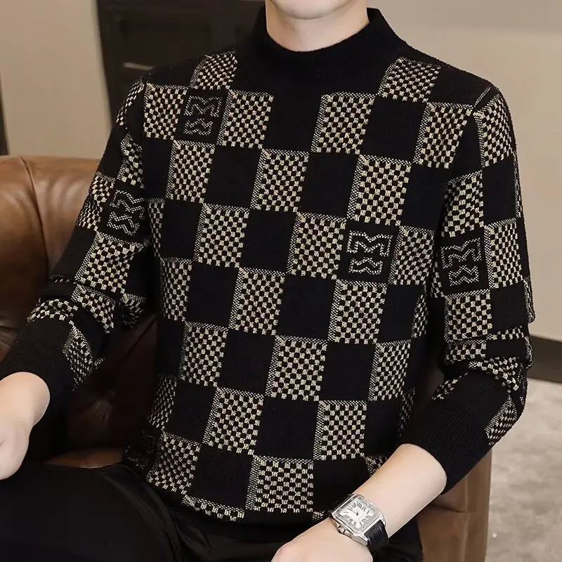Suéter de punto jacquard a cuadros para hombre – cuello medio alto