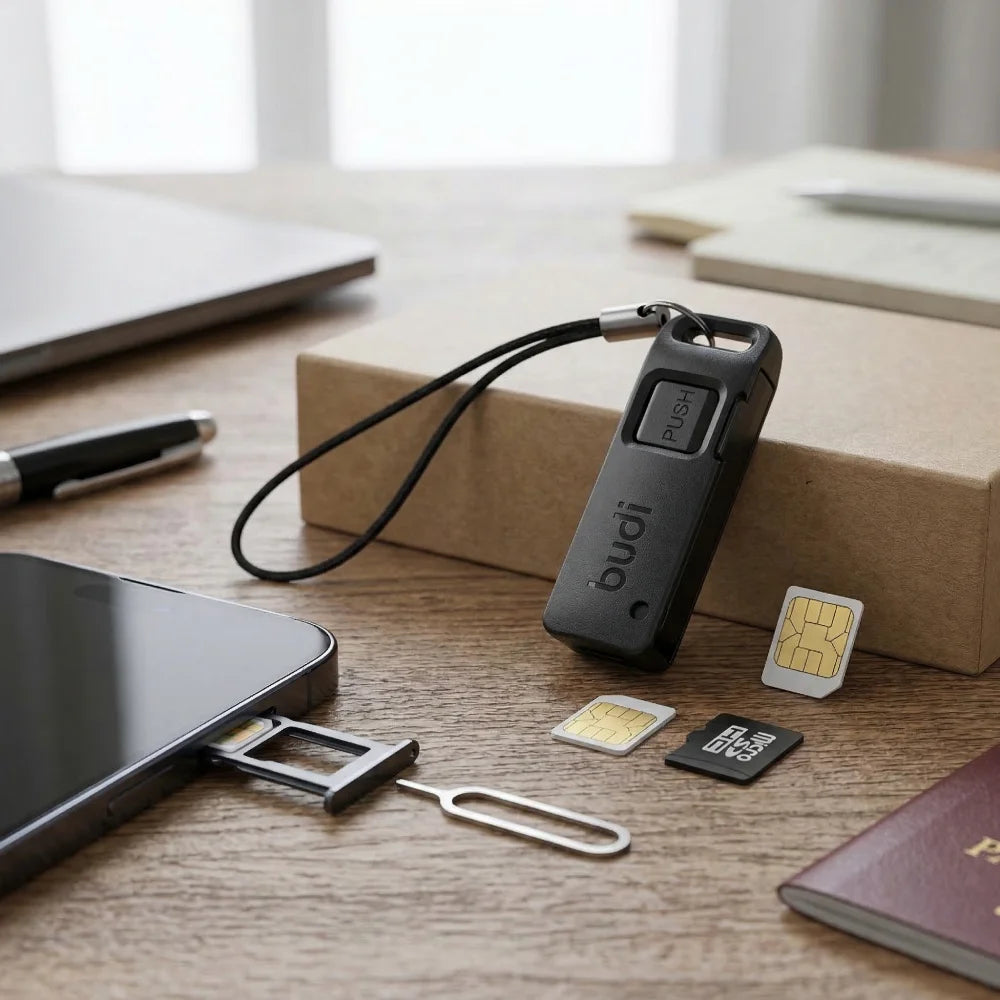 BUDI - Caja de Almacenamiento para Agujas de Extracción de Tarjetas SIM Antipérdida, Pin Expulsor Universal de Acero para Teléfono Móvil, Llavero con Abrebandejas para Tarjetas SIM y TF