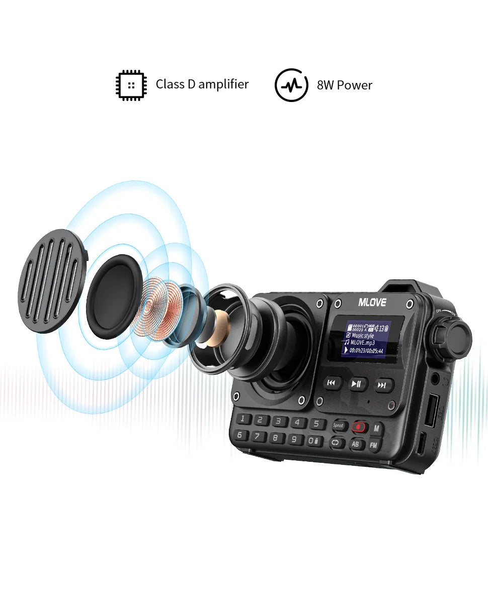 MLOVE BV800 Altavoz Bluetooth súper portátil con radio FM, pantalla LCD, antena, entrada auxiliar, disco USB, tarjeta TF, reproductor de MP3