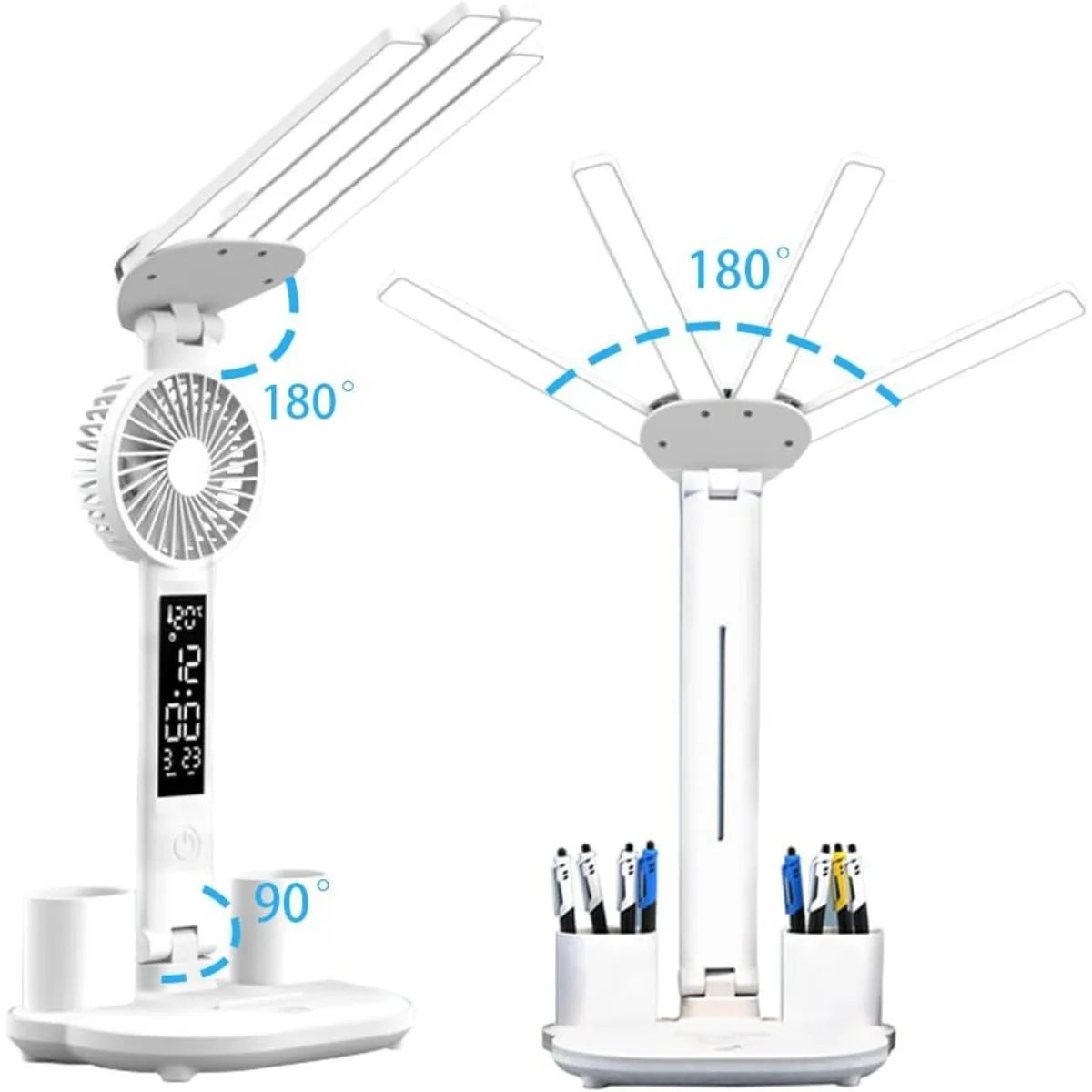 Lámpara LED de Mesa con Ventilador, Reloj y Carga USB, 3 Modos de Color