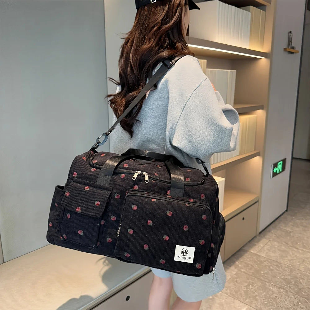 Bolsa de viaje de fresa, bolsa de equipaje de pana de gran capacidad, bolso cruzado ligero, bolsa deportiva y de fitness multifuncional