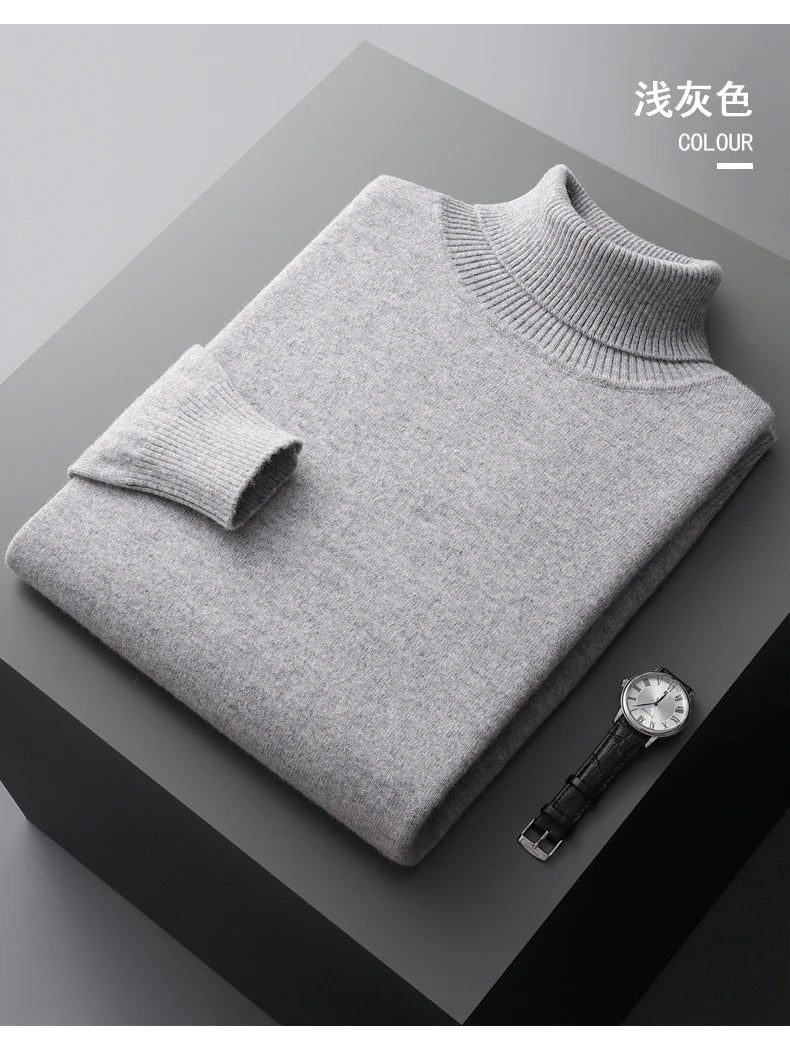 Suéter de cachemira Merina para hombre, Jersey de punto acolchado, cálido, cuello de tortuga, abrigo holgado de talla grande, otoño e invierno, 100%