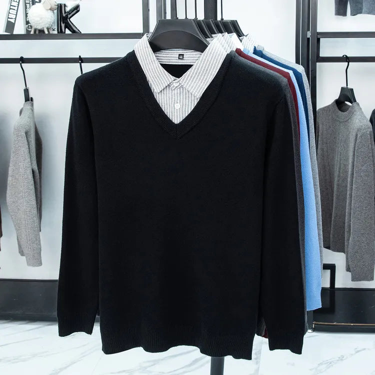 Suéter de punto con cuello de camisa para hombre, azul claro (6 colores), diseño falso de dos capas, estilo informal de negocios    Ajuste elástico y cómodo