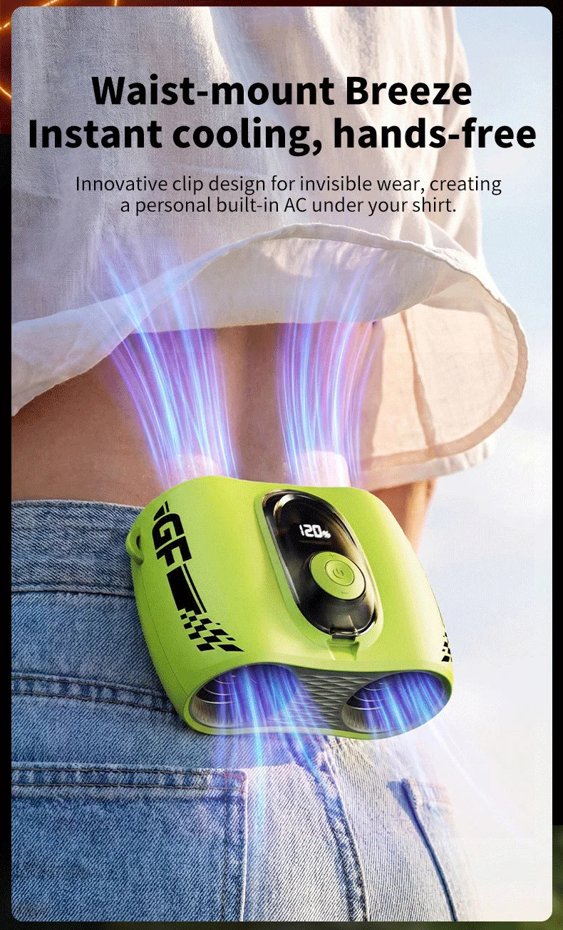 Ventilador Portátil de Cintura, Ventilador de Cuello y Cintura con Doble Flujo de Aire y Pantalla LED de Batería, Mini Ventilador de Mano para Exteriores/Construcción/Escritorio