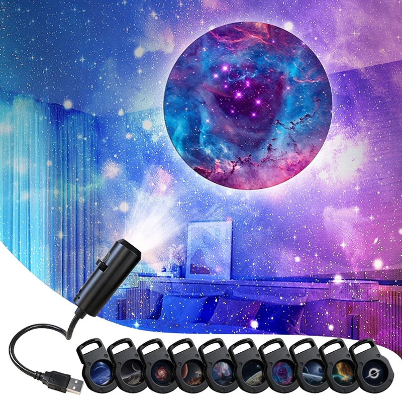 🛒 Luz de Proyección LED Galaxia, 1 Luz + 10 Imágenes Intercambiables, Proyector LED Galaxia, Luz Nocturna de Cielo Estrellado