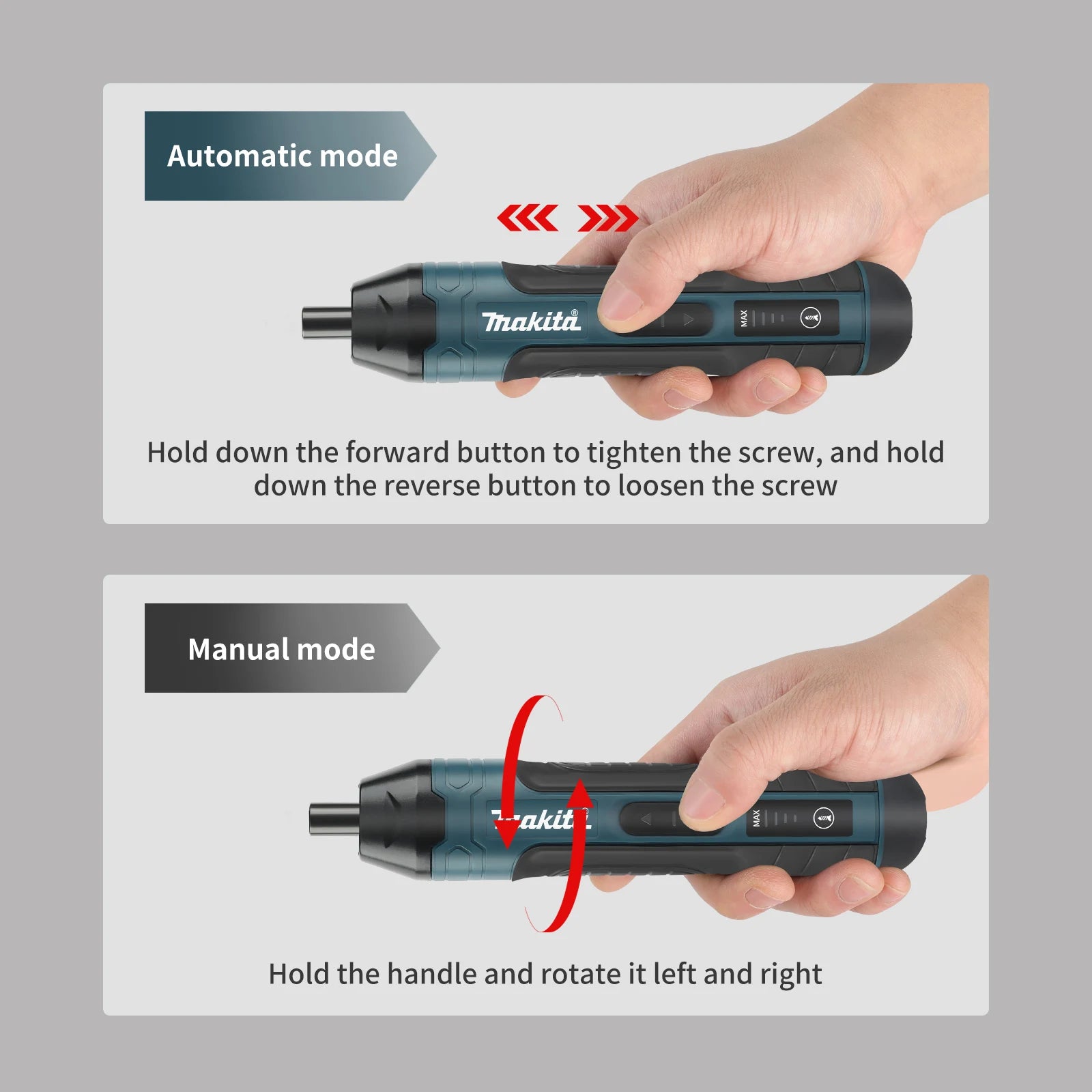 Destornillador Eléctrico Inalámbrico Makita |   3.6V 5N.m Torque |   Portabrocas de 1/4 de pulgada |   Batería de iones de litio de 1300 mAh. HT422