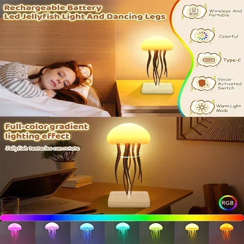 Lámpara de medusa silenciosa mejorada, luz de pez gelatina con patas de baile, control de voz para dormitorios, salas de estar y regalos de Navidad