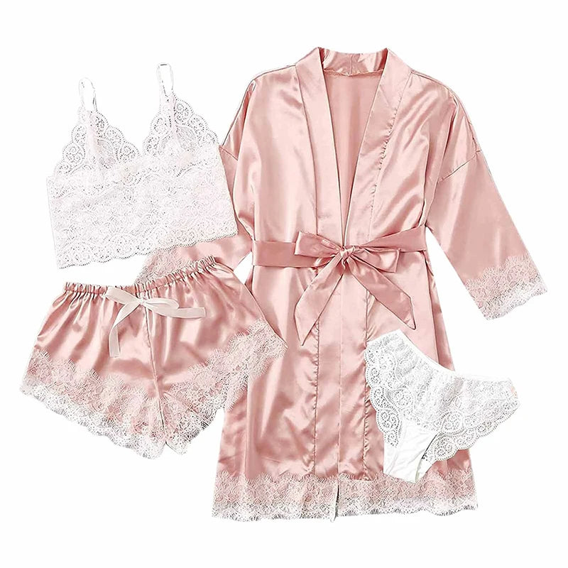Conjunto de pantalones de pijama sexys de verano para mujer, 4 piezas de satén de encaje con bata de dormir de seda, ropa de dormir cómoda y a la moda