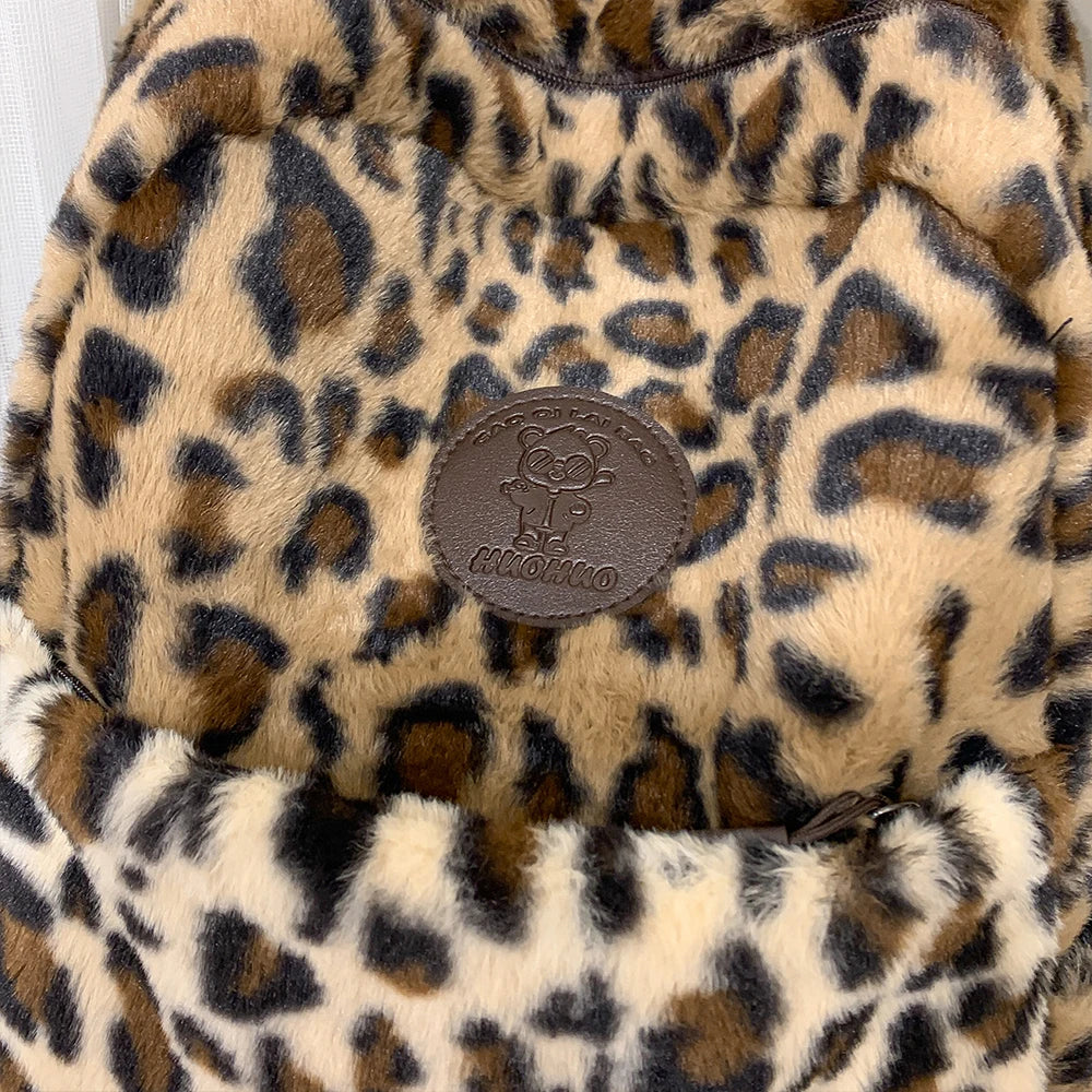 Mochila Japonesa de Primavera y Verano con Estampado de Leopardo y Parches de Felpa, Mochila para Computadora, Estilo Universitario