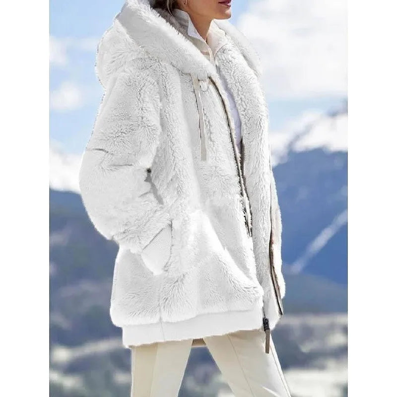 Abrigo de moda de invierno para mujer, ropa informal con capucha y cremallera, chaqueta polar de Cachemira para mujer, abrigos de Color sólido para mujer 2024