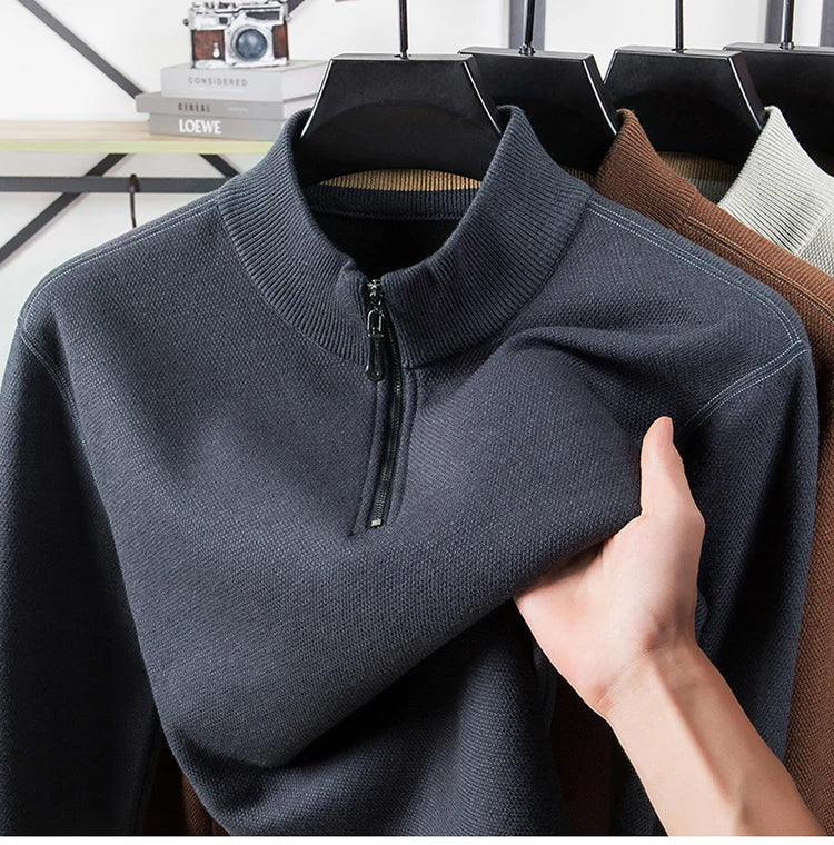 Suéter grueso de terciopelo de alta calidad, jersey con media cremallera para hombre, nueva camiseta cálida holgada informal, prendas de punto