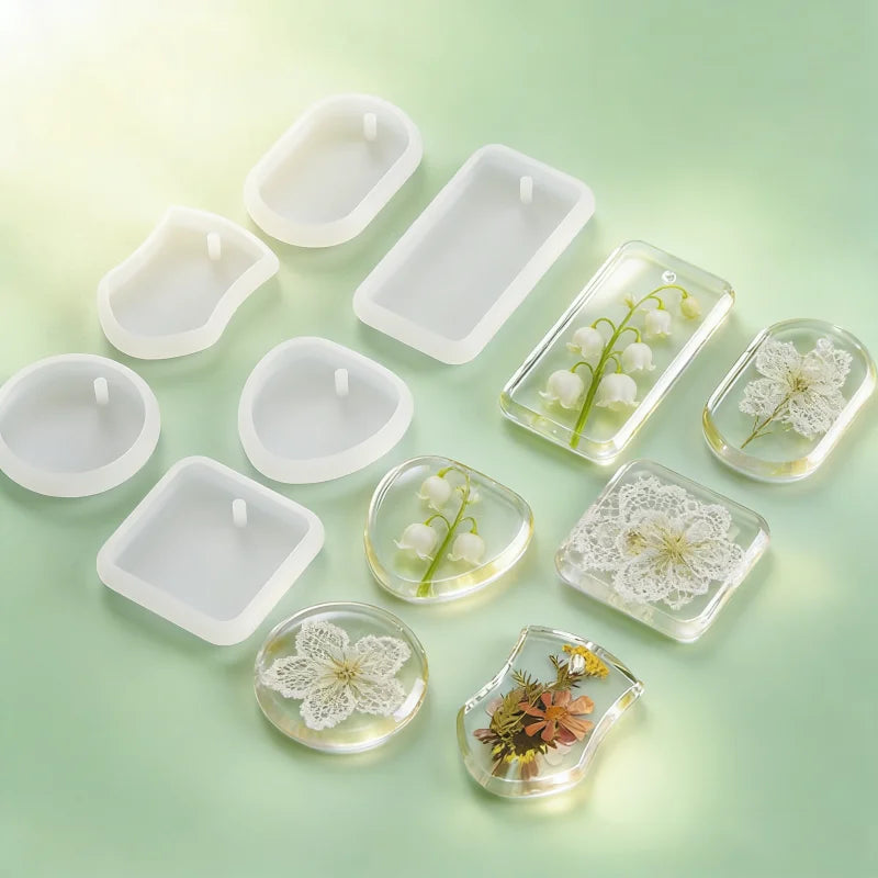 Moldes de Resina de Silicona para Epoxi Cristalino DIY, 6 Estilos de Colgantes y Etiquetas con Superficie de Espejo: Redondos, Ovalados, Cuadrados