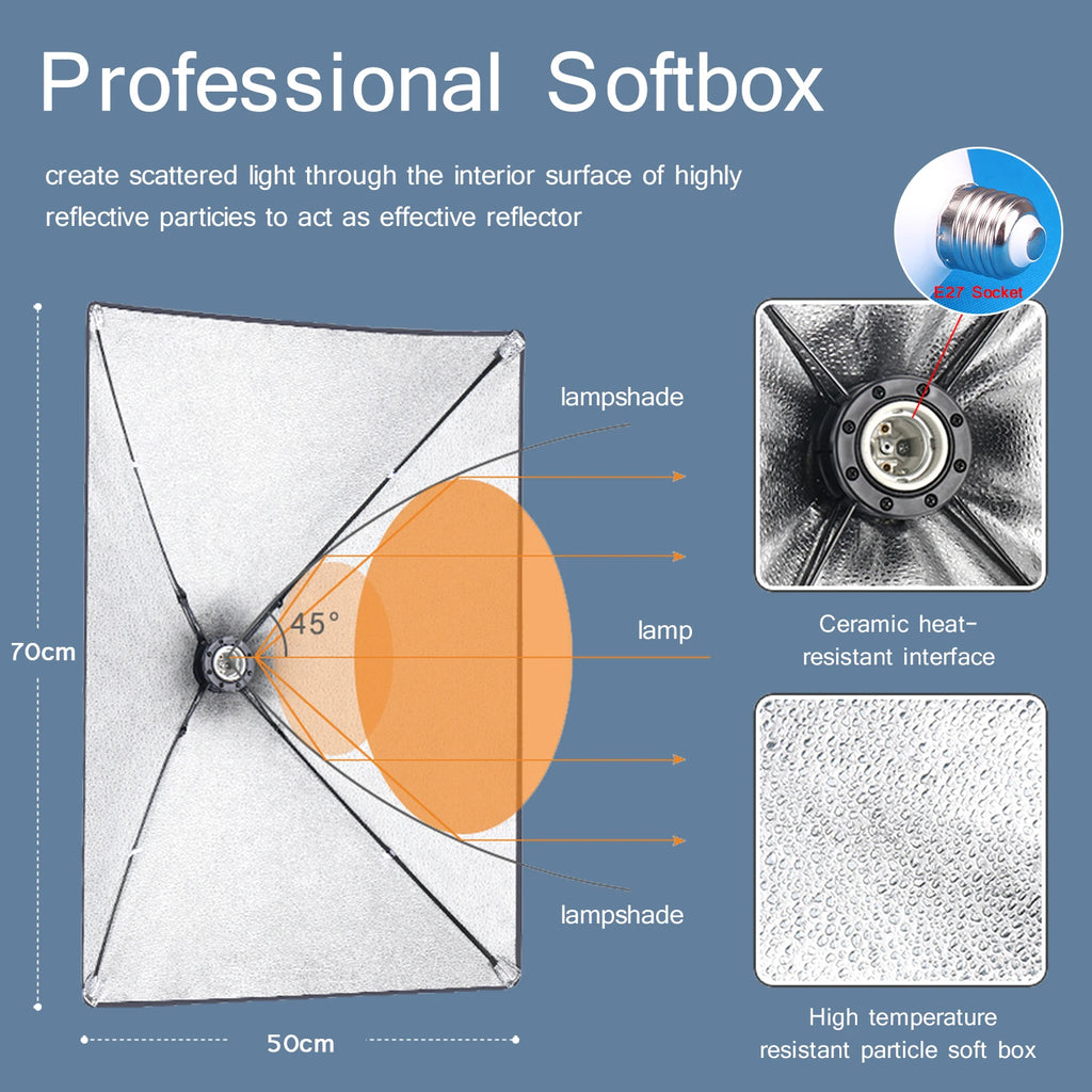 Softbox de fotografía profesional, caja suave de iluminación con trípode, bombilla fotográfica E27, sistema de luz continua para estudio fotográfico
