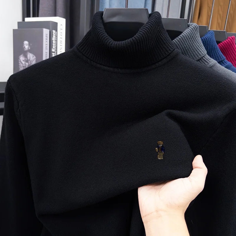 Suéter de Punto de Manga Larga para Hombre, Diseño de Alta Gama, Estampado de Oso, Cuello Alto, Estilo Informal, Versátil, Cálido y Moderno