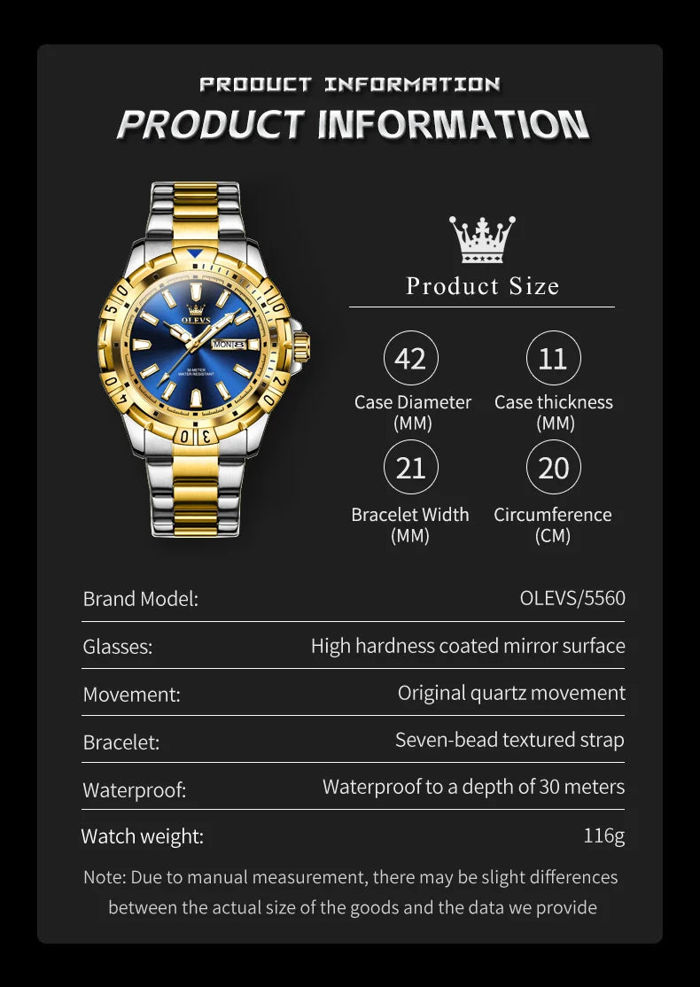 Reloj OLEVS de Cuarzo para Hombre, Resistente al Agua con Calendario Dual