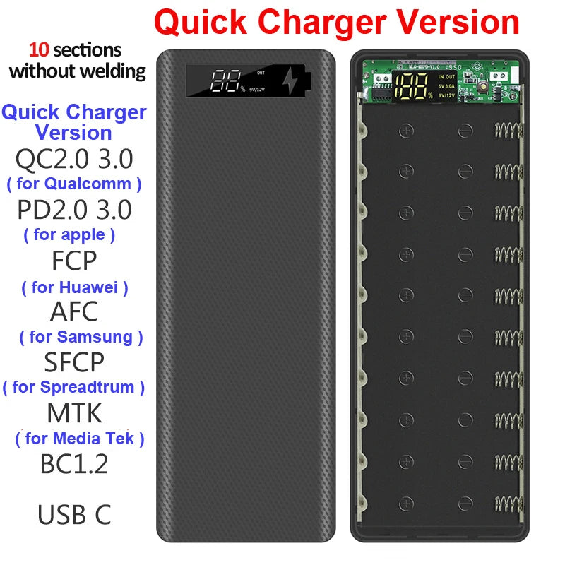 Estuche DIY para Power Bank 10x18650 con Carga Rápida QC 3.0