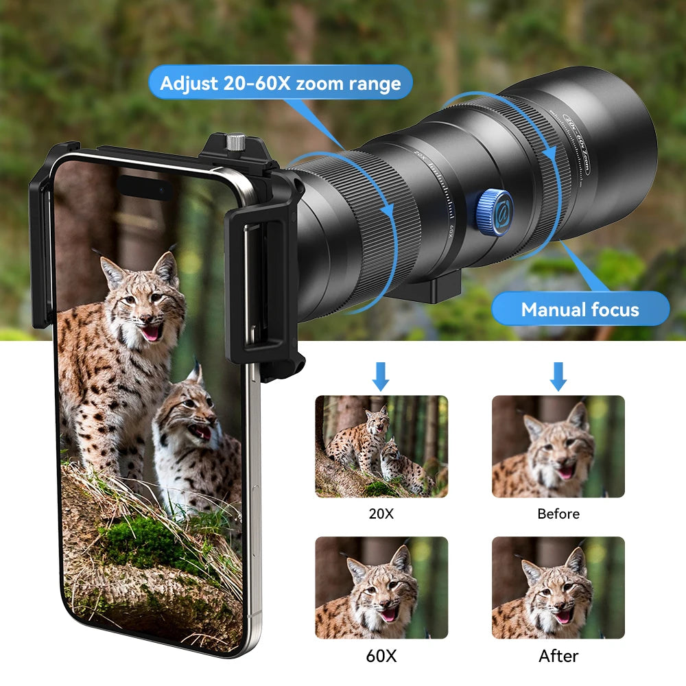 Lente Teleobjetivo APEXEL 20x-60x para Smartphone con Trípode