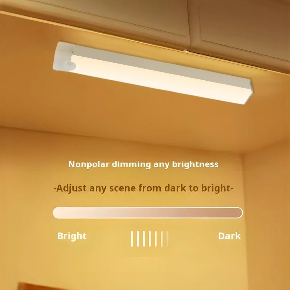 Luz LED para debajo del gabinete con sensor de movimiento, luz recargable para armario, lámpara nocturna magnética regulable para cocina, dormitorio, escaleras