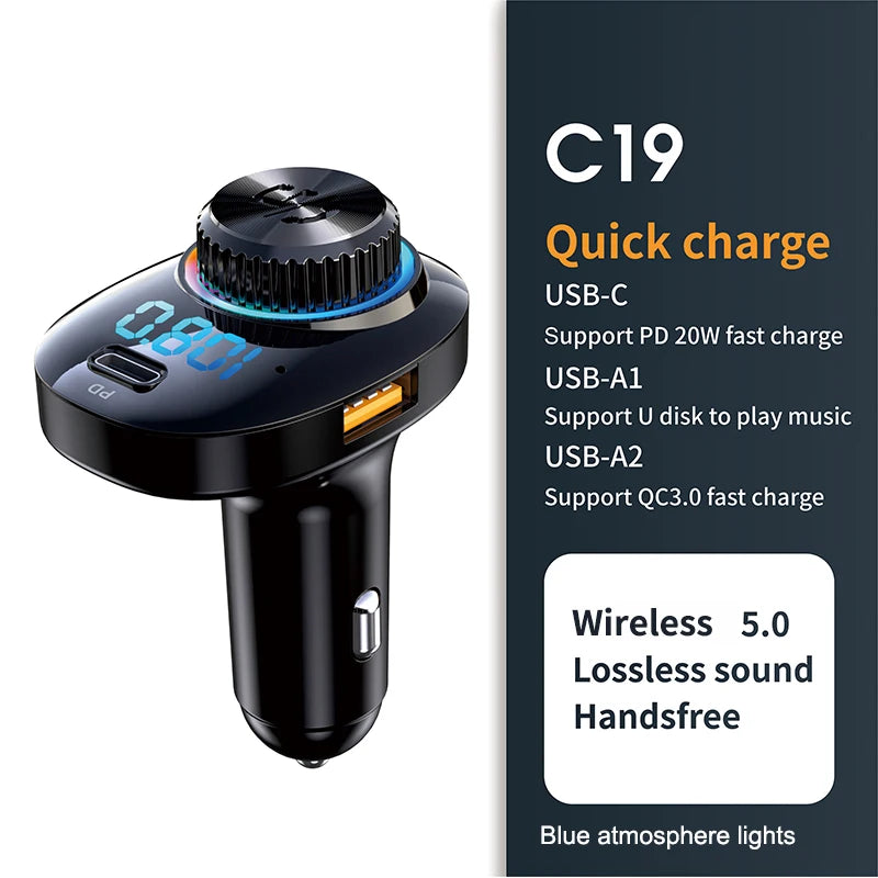 Transmisor FM Bluetooth 5.0 para Auto DYBO, Carga Rápida QC3.0 PD20W