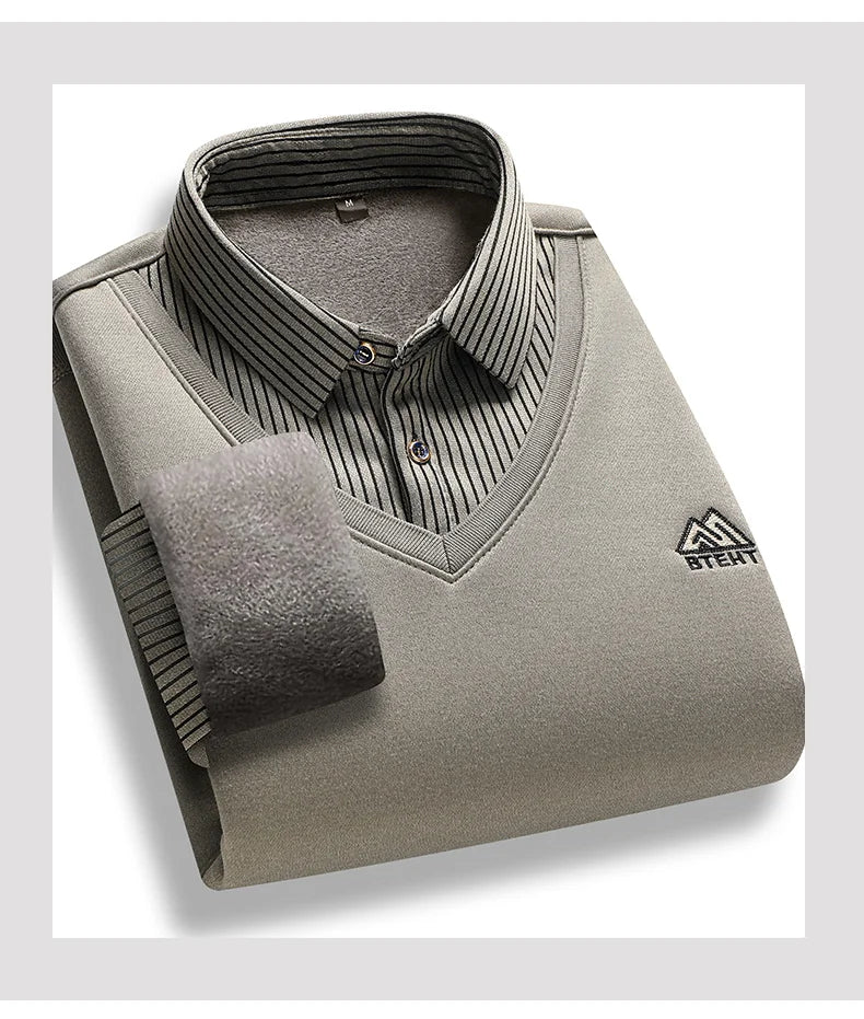 Suéter forrado de lana para hombre, jersey con cuello tipo Polo, Tops falsos de dos piezas, jerséis informales de negocios a la moda, ropa gruesa de invierno