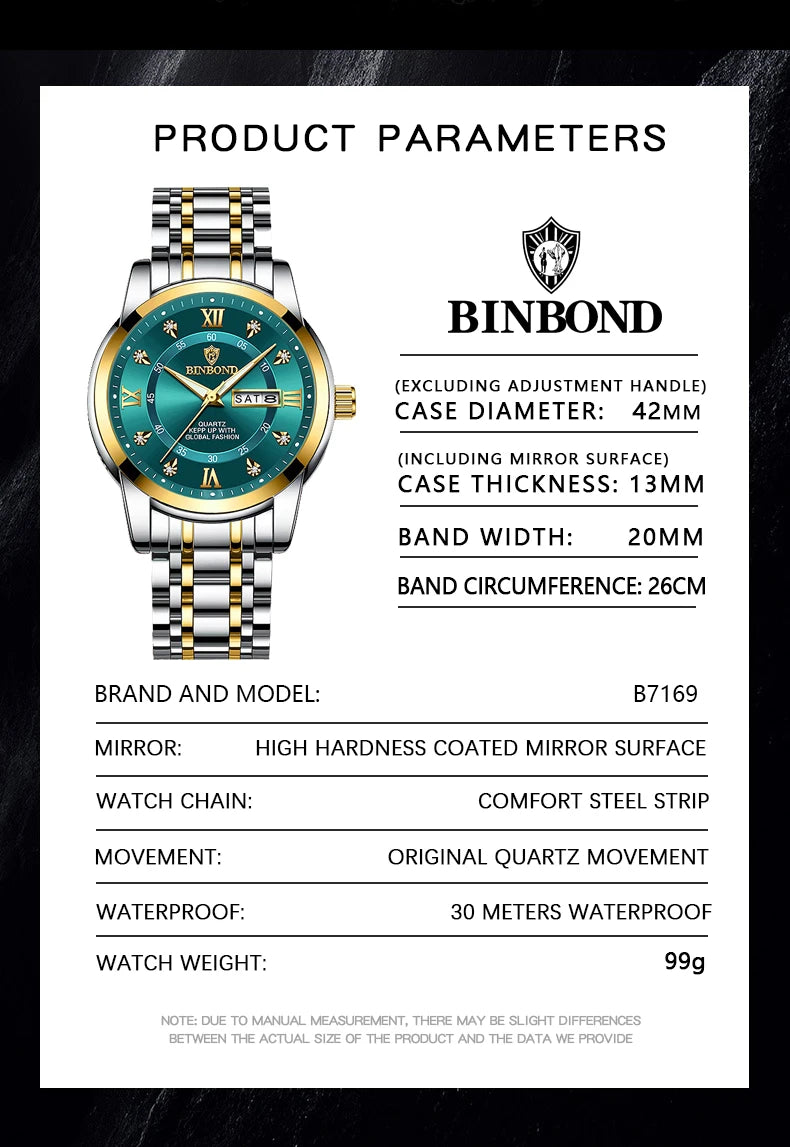Reloj de pulsera deportivo BINBOND para hombre, cuarzo, resistente al agua